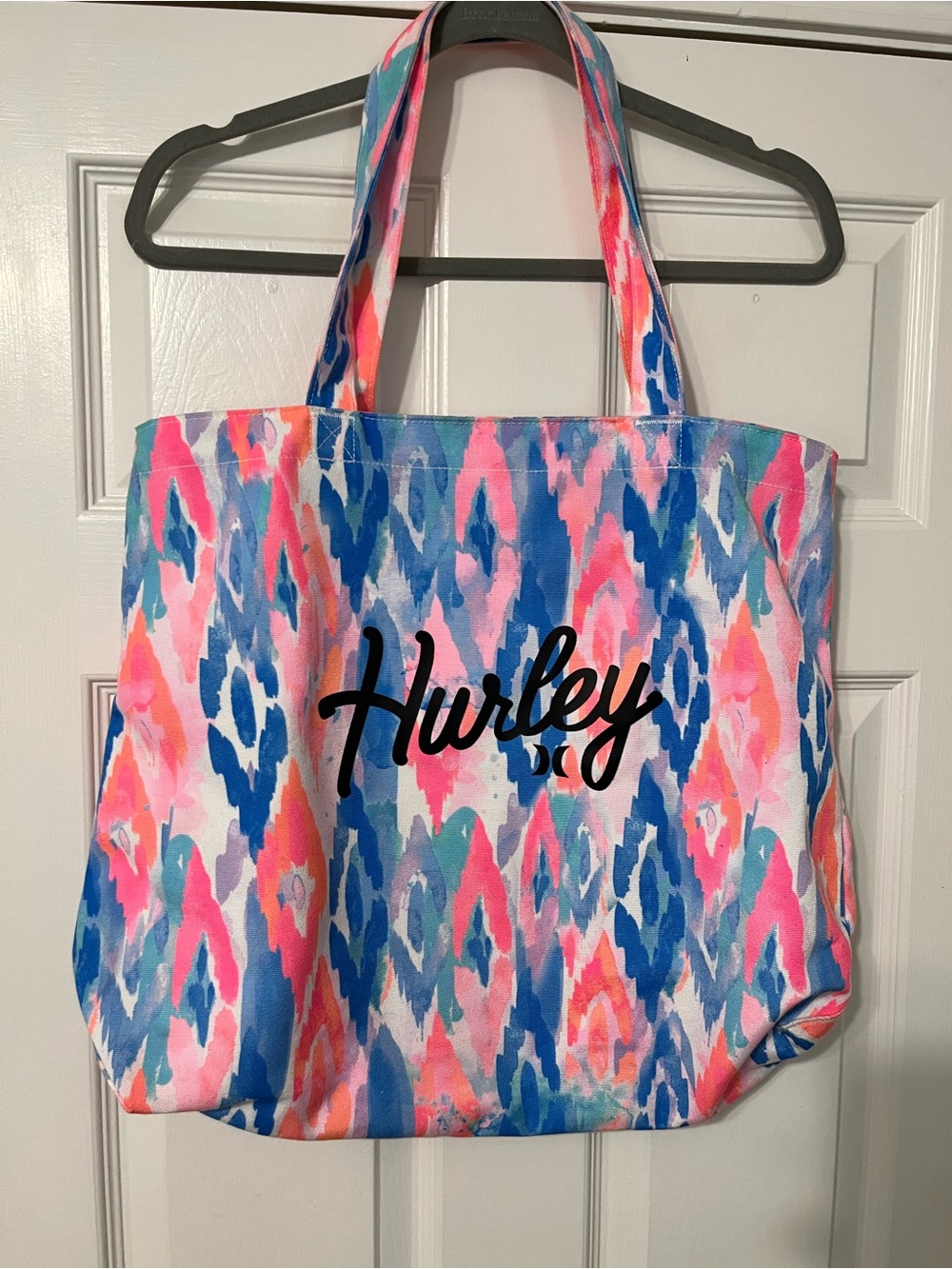 Hurley Pink Blue Patterned Canvas Tote with Script Logo